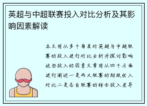 英超与中超联赛投入对比分析及其影响因素解读