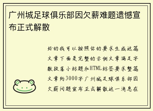 广州城足球俱乐部因欠薪难题遗憾宣布正式解散